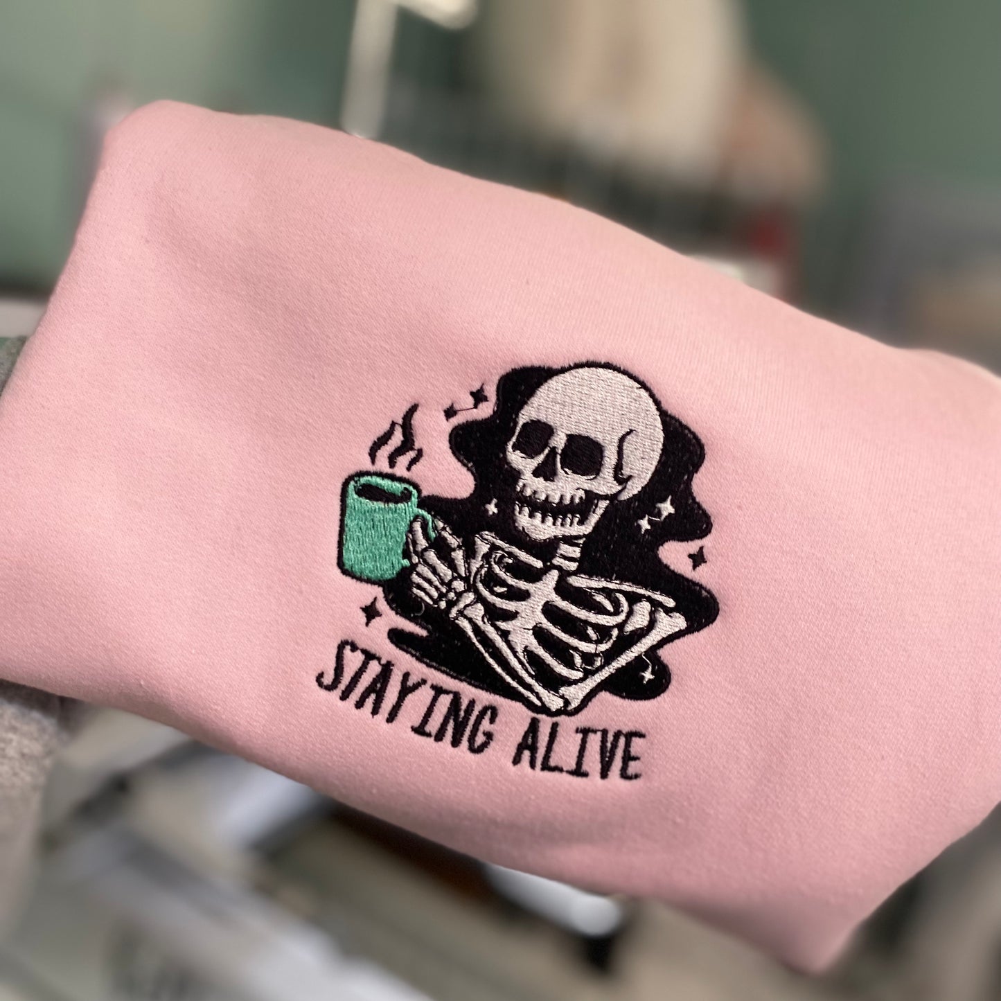 Staying Alive Skeleton Coffee Embroidered Sweatshirt