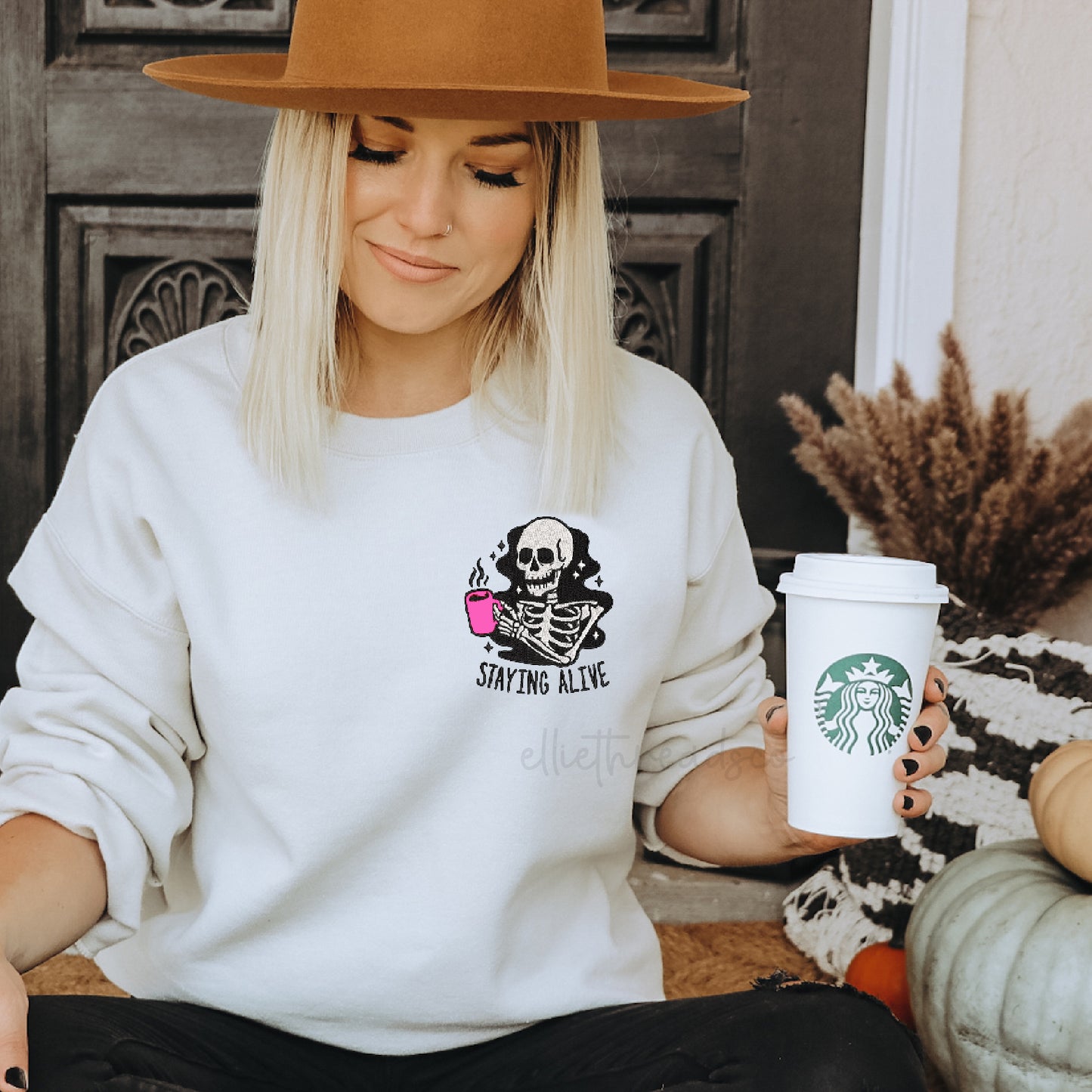 Staying Alive Skeleton Coffee Embroidered Sweatshirt