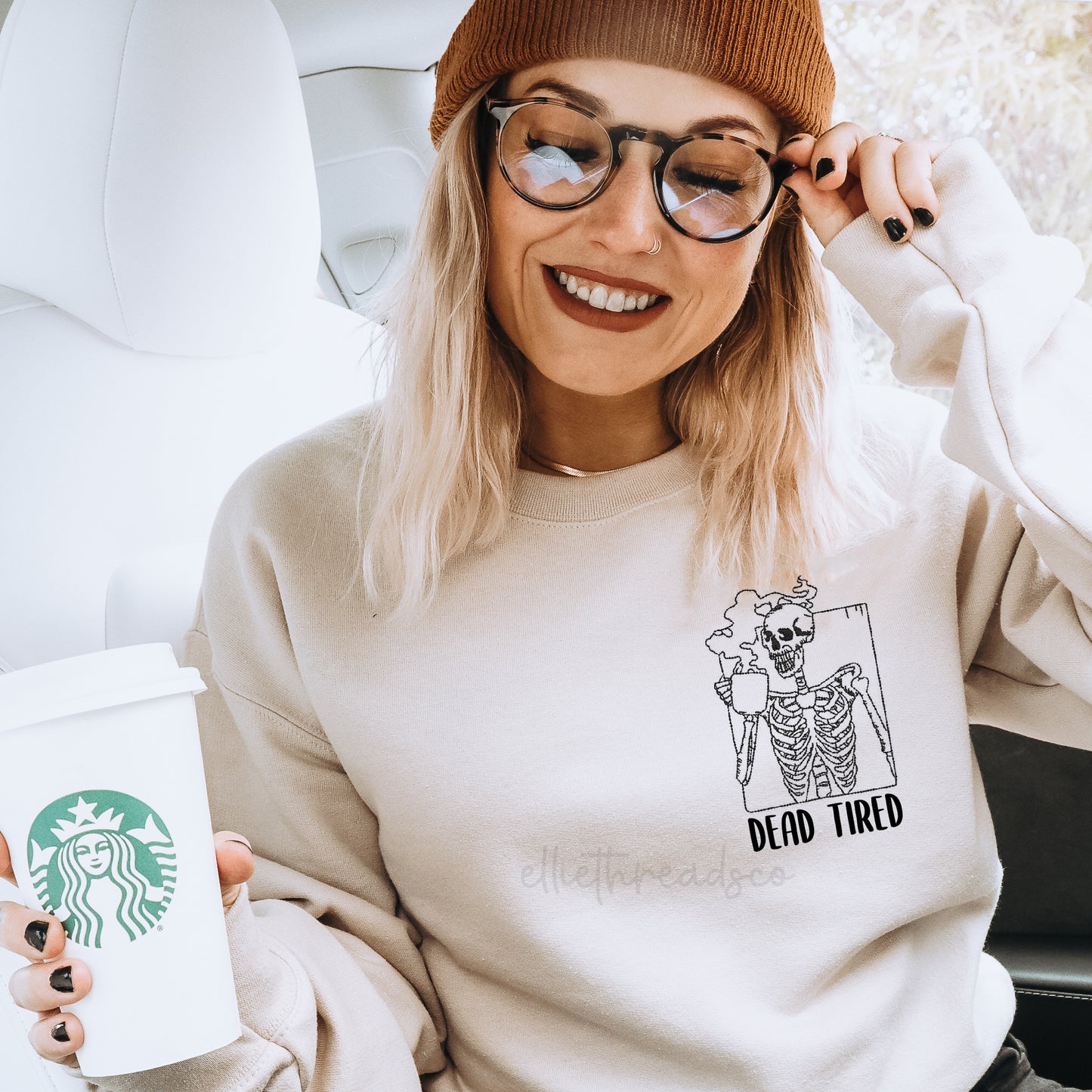 Dead Tired Skeleton Coffee Embroidered  Sweatshirt